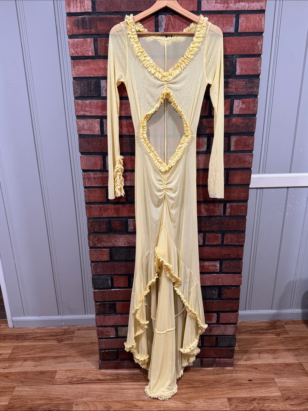 Micas Yellow Long Sleeve Ruffle Cutout Maxi Dress